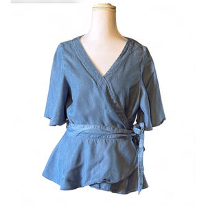 LOFT Petite Chambray Wrap Peplum Top Lyocell Tie Waist Size LP